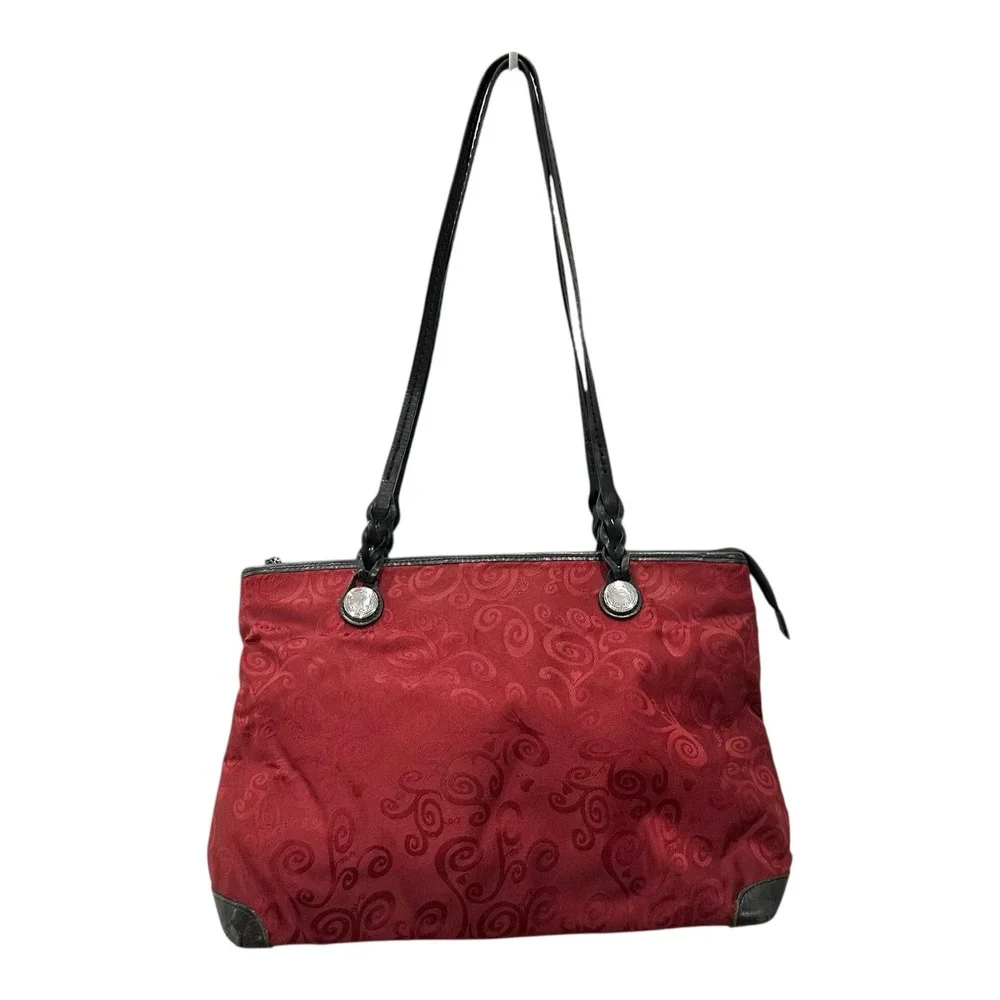 Brighton Red Jacquard Scroll Tote Bag Black Leather Trim Silver Buttons C798985